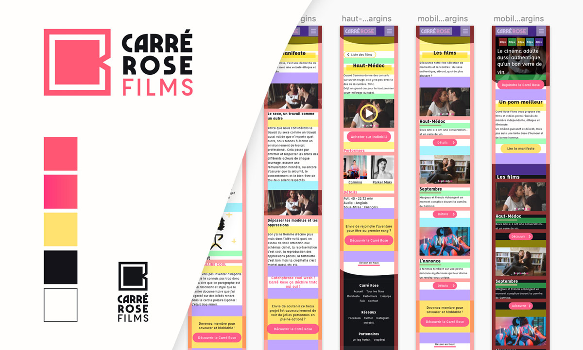 Carré Rose Films logo and colour swatch, next to a preview of its mobile website templates.