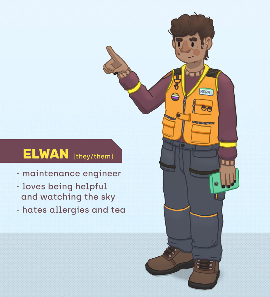 Elwan, the main character, in a high-visibility work uniform.